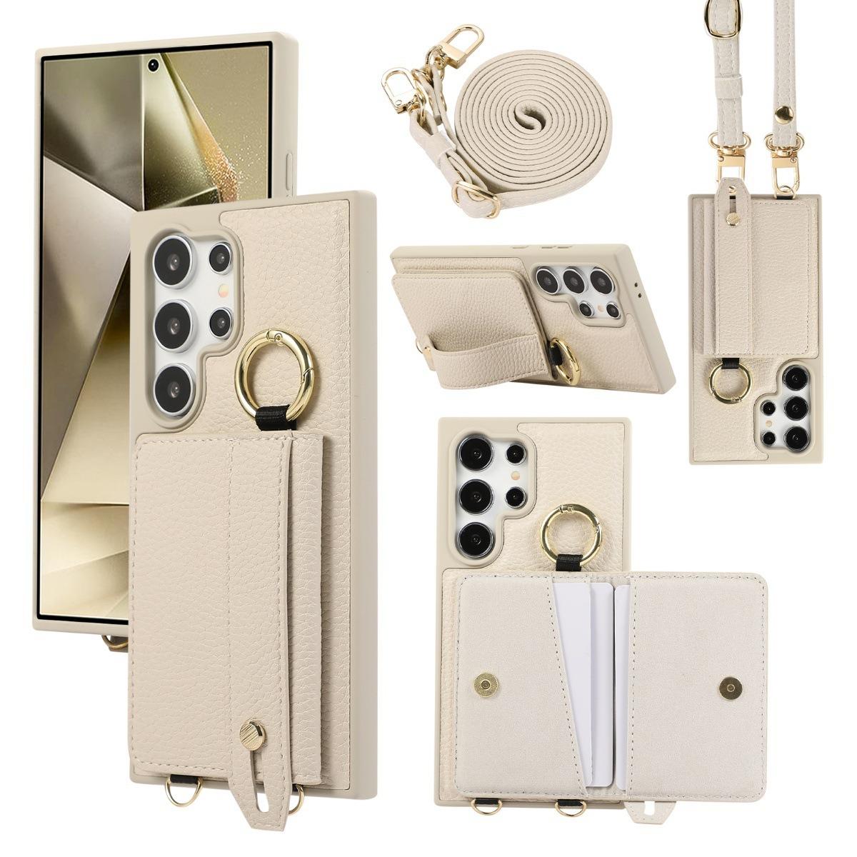 For Samsung S25Ultra S25 S24 S23 S22 Leather Phone Case with Double Folding Wallet Lanyard, Anti-Fall Card Slot Ring Kickstand Wristband Shockproof Business Hard Full Cover