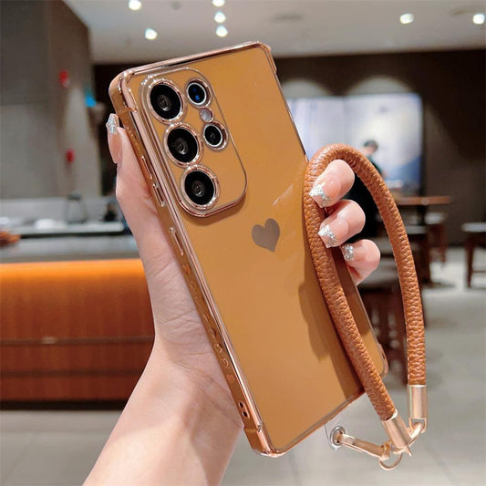 Plating Love Heart TPU Phone Case with Leather Wristband For Samsung S25Ultra S24 S23 S22 S21 Shockproof Soft Full Cover