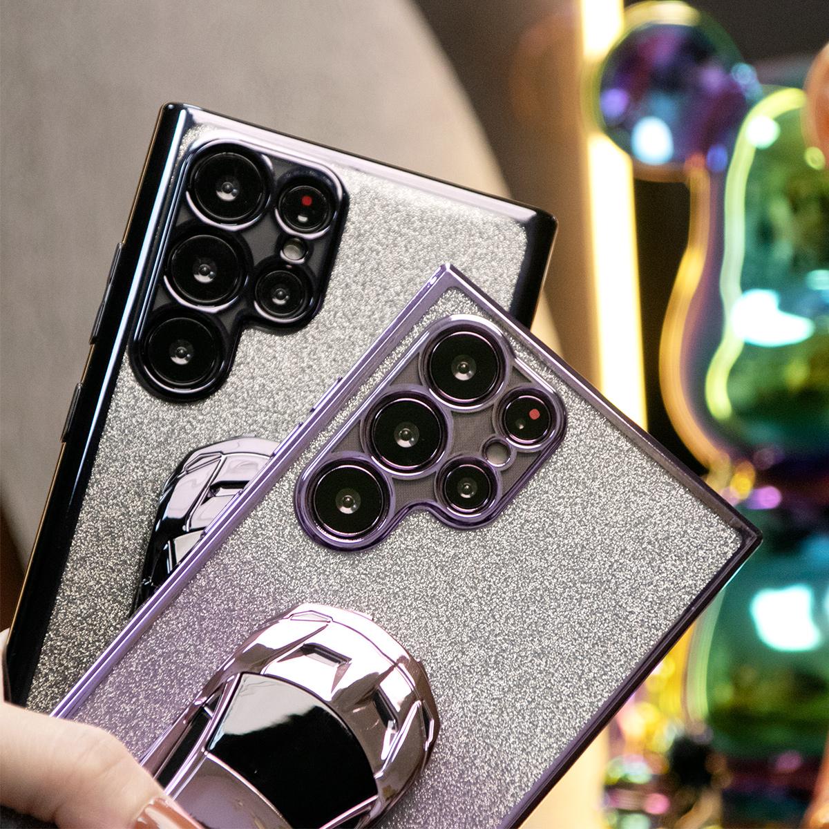 Luxury Cool Sports Car Holder Glitter Clear Gradient TPU Plating Shockproof Soft Phone Case For Samsung S24Ultra S24FE S24 S23 S22 S21 FE Plus Ultra