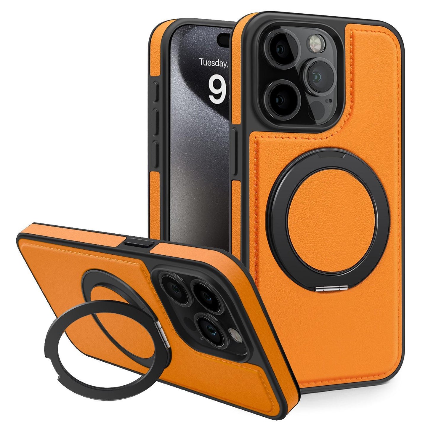 Luxury Full Leather Phone Case For iPhone 16ProMax 16 15 14 13 12 11 Magnetic Rotate Metal Holder Stand Back Cover