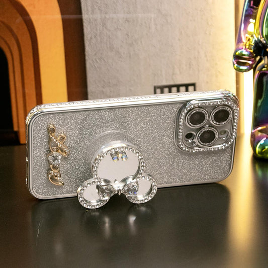 Coque de téléphone avec miroir et béquille pour iPhone 16 15 14 13 12 Pro Max avec tête de souris à paillettes et diamants