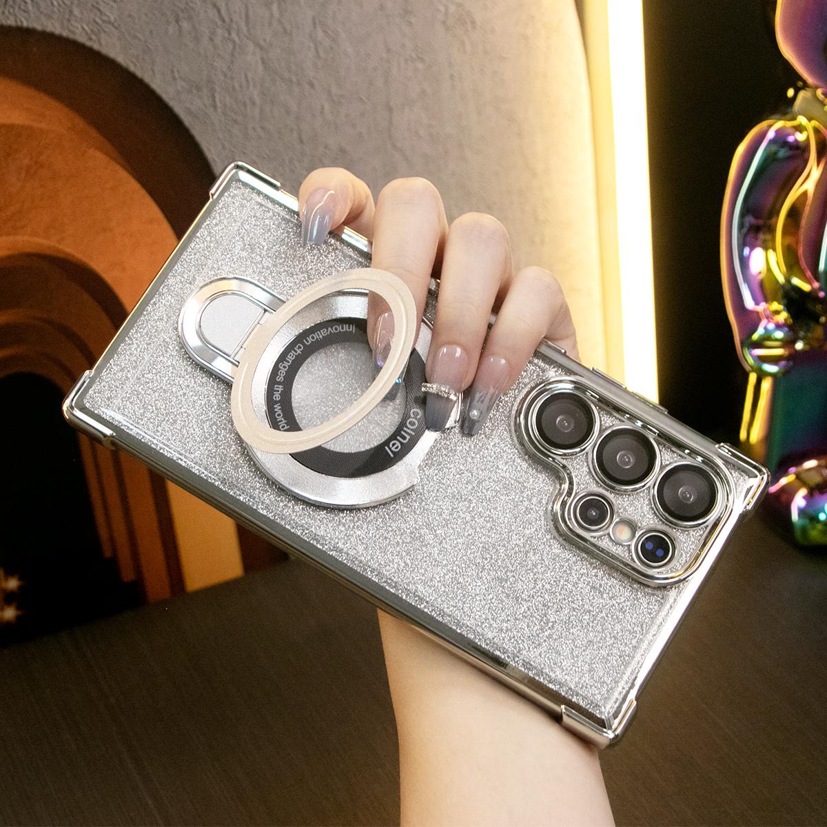 Luxury Glitter Plating Four Corners Shockproof Clear Phone Case With Magnetic Kickstand For iPhone 16 15 14 13 12 11 XR XSMax X/XS Hard Acrylic Hybrid Bumper Hard Full Cover