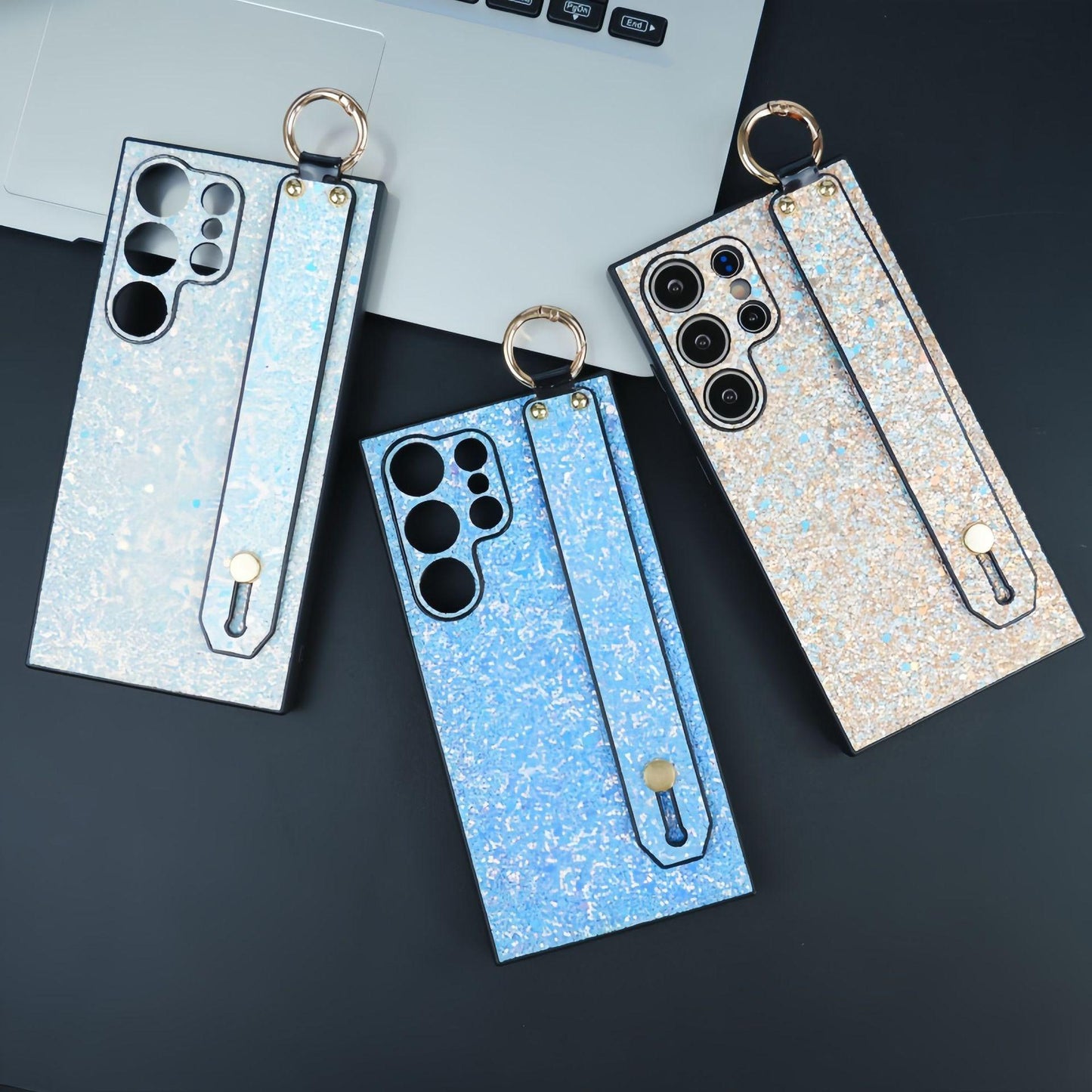 For Samsung S25Ultra S25 S24 S23 S22 S21 Case With Wristband, Glitter Durable Faux Kickstand Shockproof Hard Full Cover Phone Case