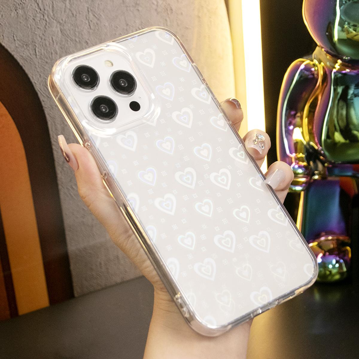 For iPhone 16 15 14 13 12 11 Pro Max Case, Clear Laser Love Heart, Glitter Luxury Elegant Case Shockproof Hard Cover