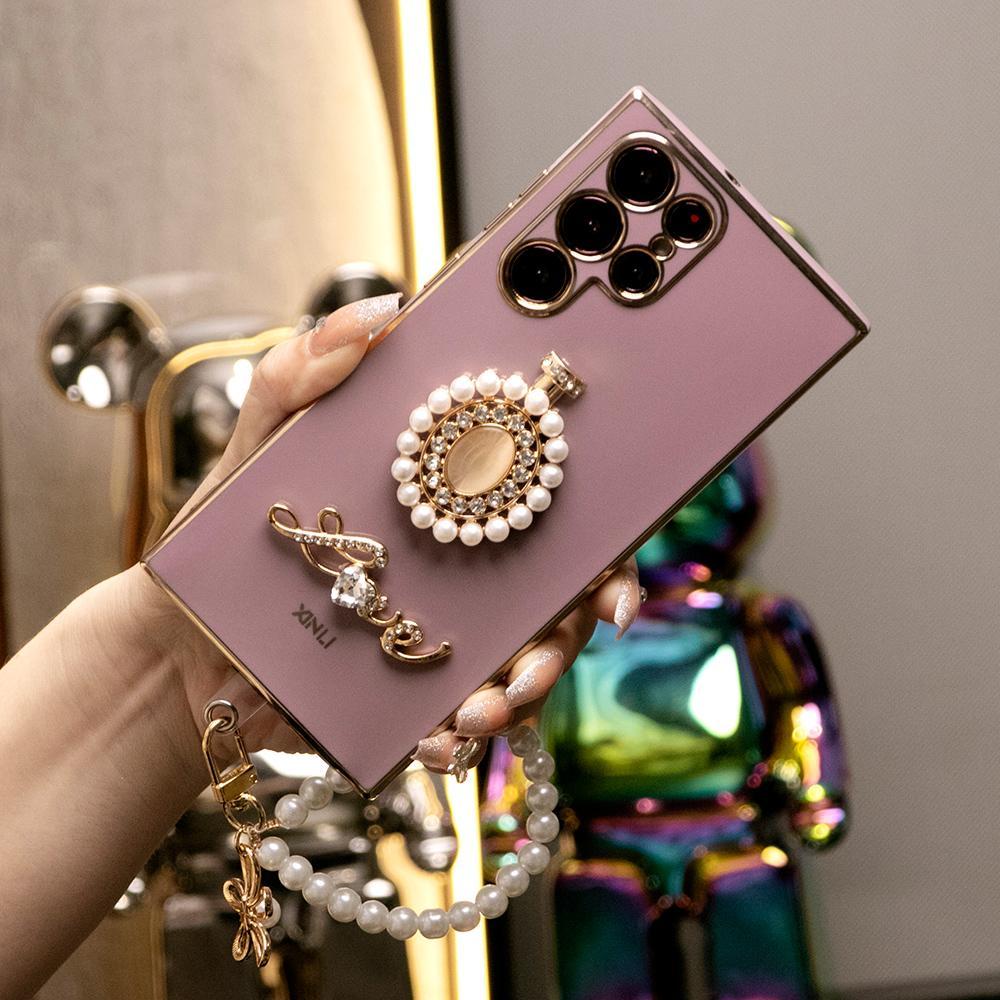 Pearl Perfume Bottle with Chain Plating Soft Phone Case for Samsung A13 A14 A15 A23 A24 A25 A33 A34 A35 A52 A53 A54 A55 A72 A73