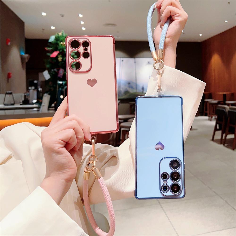 Plating Love Heart TPU Phone Case with Leather Wristband For Samsung S25Ultra S24 S23 S22 S21 Shockproof Soft Full Cover