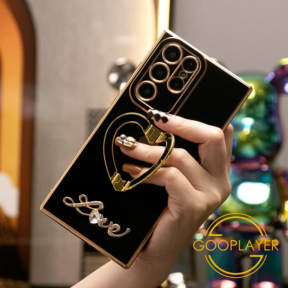 Luxury Love Heart Side Pattern Love Heart Holder Plating Phone Case For Samsung S24Ultra S24FE S24 S23 S22 S21Ultra FE Plus Ultra A55 A35 A25 A15