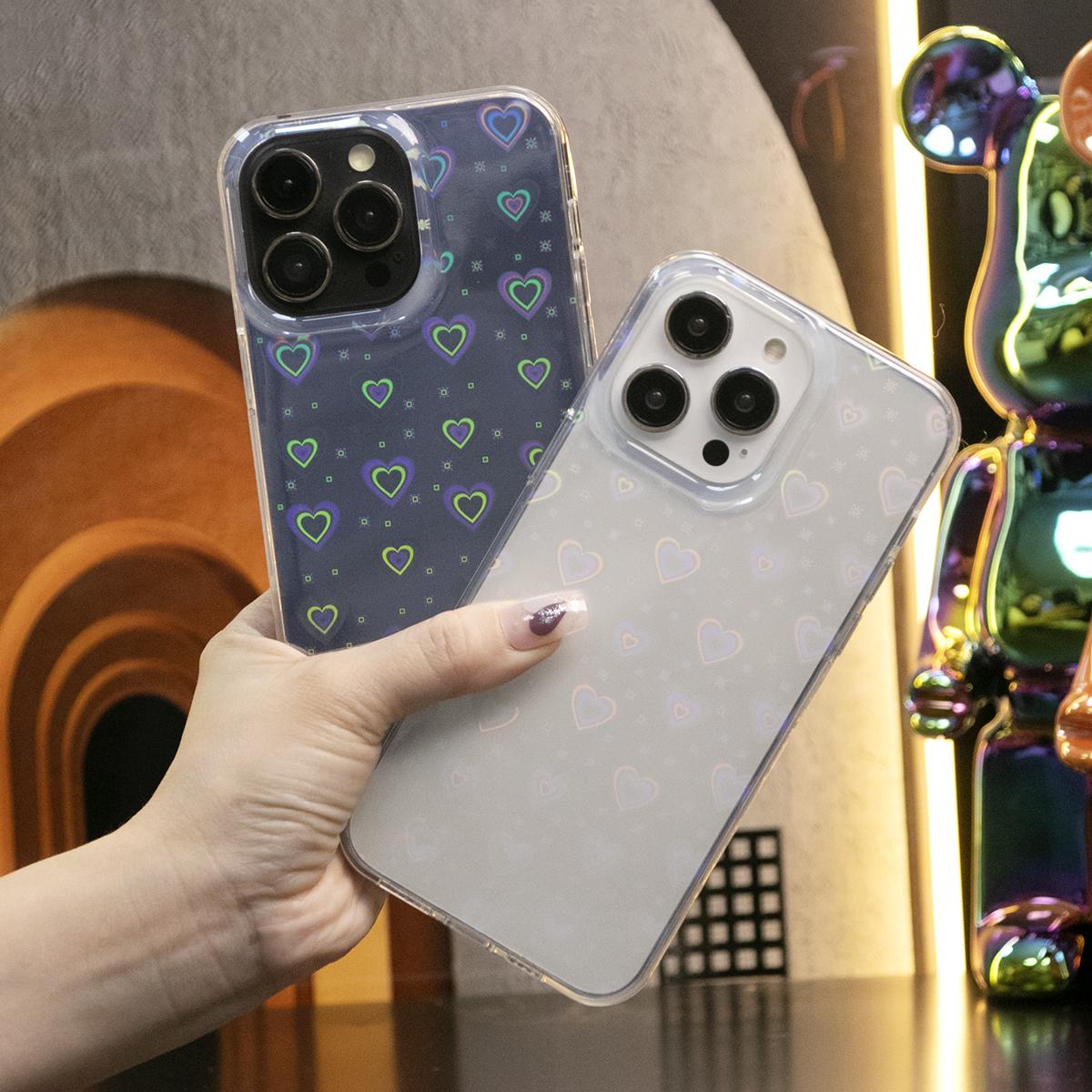 For iPhone 16 15 14 13 12 11 Pro Max Case, Clear Laser Love Heart, Glitter Luxury Elegant Case Shockproof Hard Cover