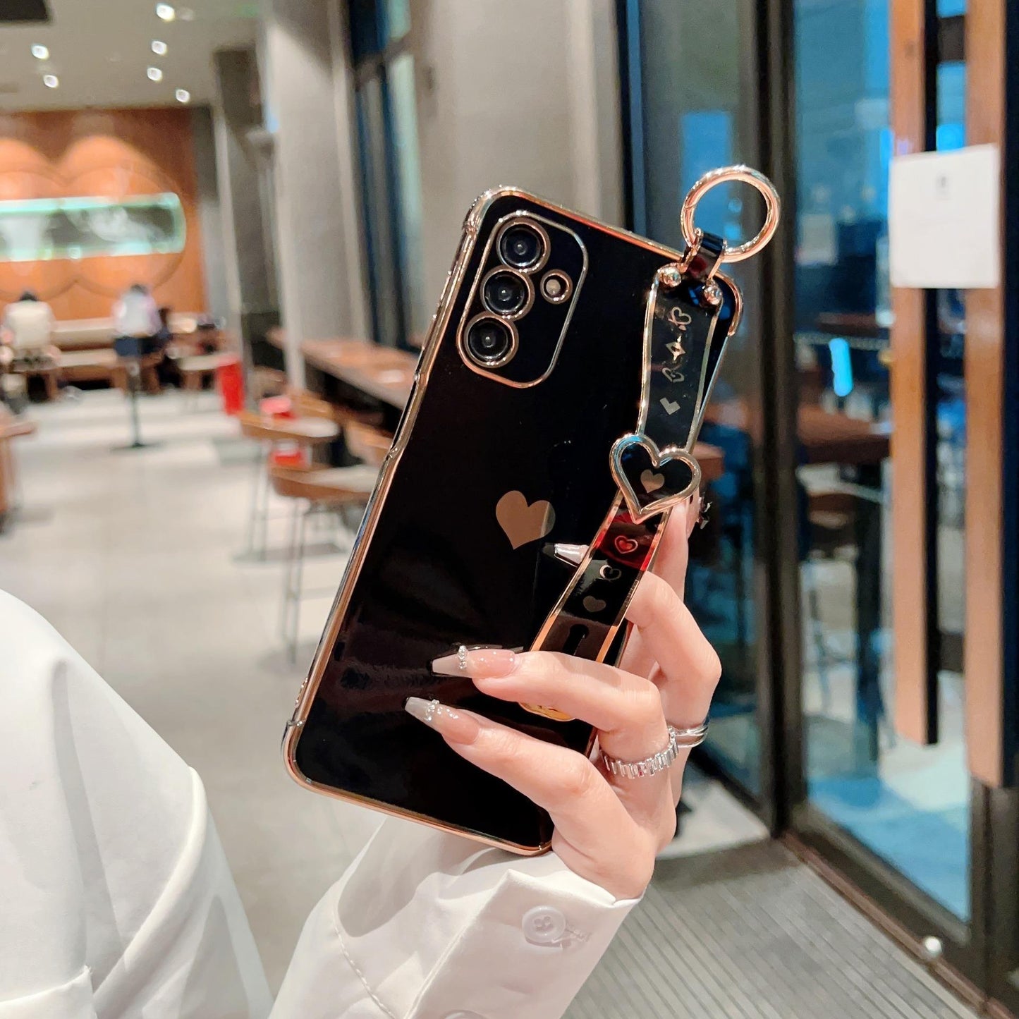 Plating Love Heart TPU Phone Case with Wristband For Samsung S25Ultra S24 S23 S22 S21 Shockproof Soft Full Cover
