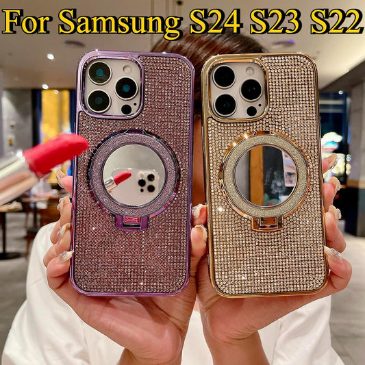Bling Rhinestone Plating Diamonds Magnetic Wireless Charging Phone Case With Luxury Glitter Mirror Magnetic Kickstand For Samsung S24 S23 S22 Shockproof Protection Soft Bumper Cover