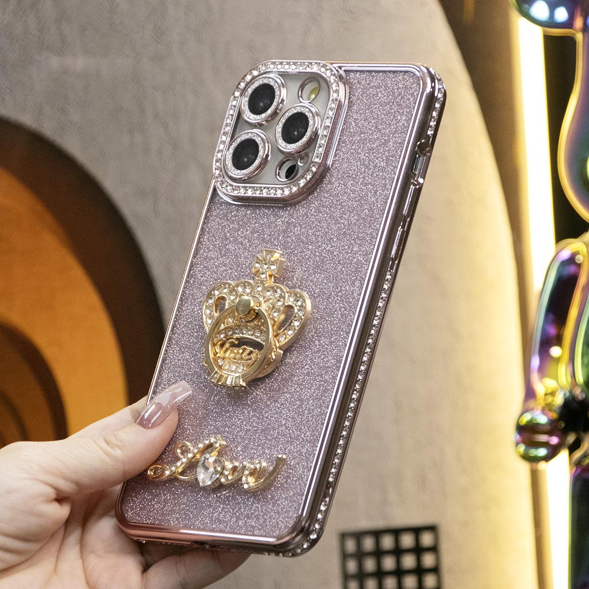 Plating Glitter Diamond Crown Ring Kickstand Phone Case For iPhone 16 15 14 13 12 11 Pro Max