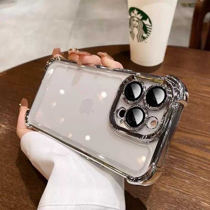 For iPhone 16 15 14 13 Phone Case, Luxury Four Corner Plating Clear High Definition Acrylic Built-in Camera Protector Shockproof Hard Full Cover