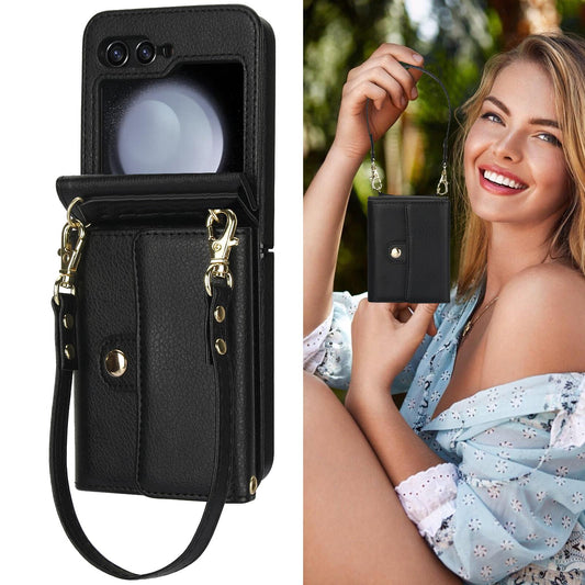 Crossbody Wrist Strap Leather with Card Holder Phone Case for Samsung Galaxy Z Flip 6 5 4 3 Flip6 Flip5 Flip4 Flip3 Wallet Cover