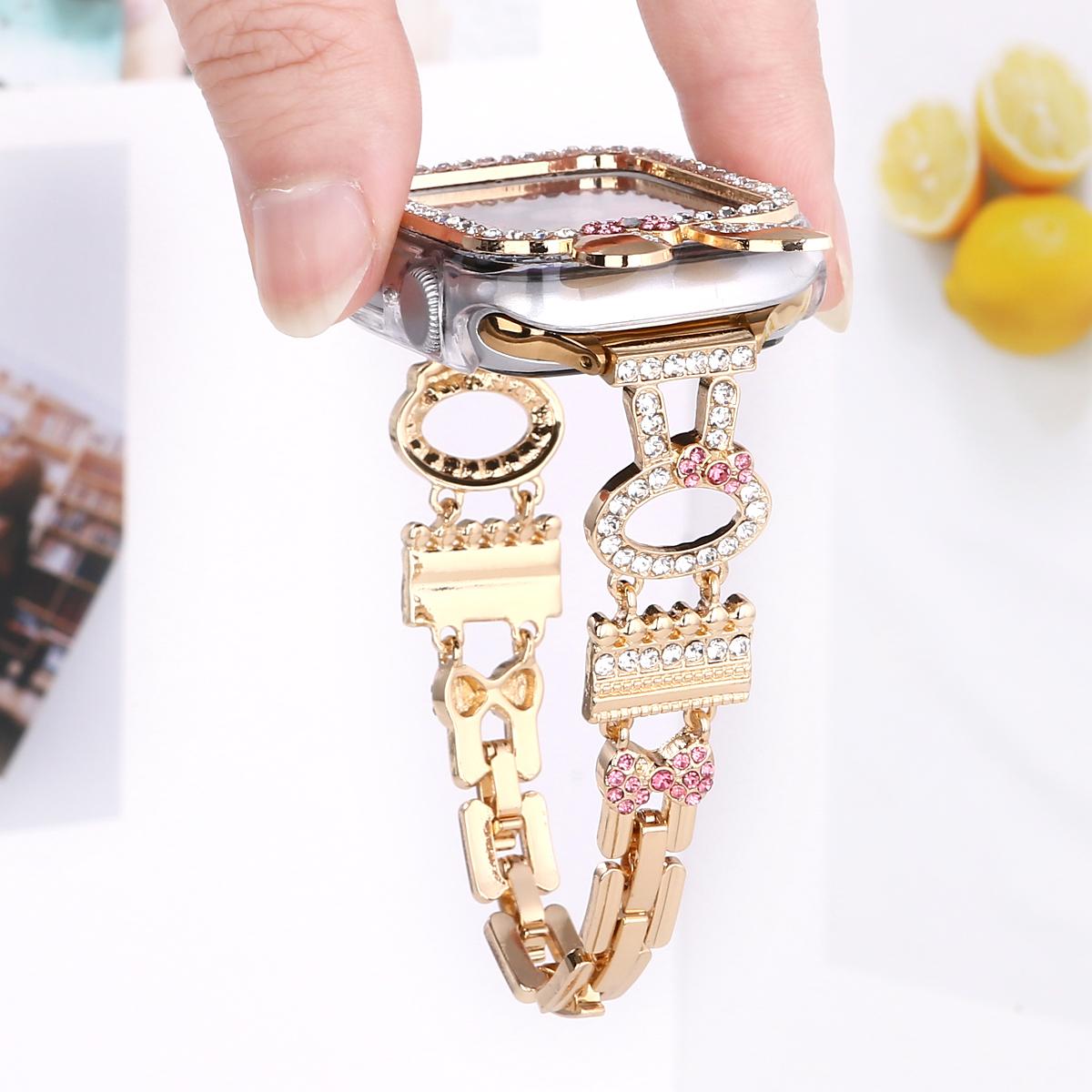 Diamond Rabbit Chain and Watch Case for Apple Watch 44mm Band 45 42 38 41 Ultra 49mm Link Bracelet for IWatch Series 9 8 7 6 SE 5 4