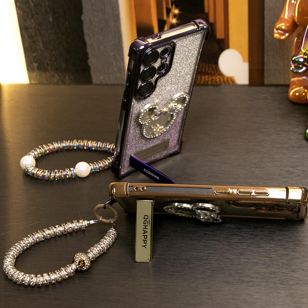 Gradient Plating Four Corners House Head Mirror Thin Kickstand Case with Pearl Diamond Wristband for Samsung S25Ultra S25 S24 S23 S22 S21 Note20 A53 A54 A55 Hard Acrylic Bumper Full Cover