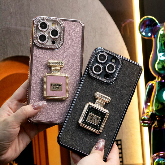 Coque de téléphone avec miroir en forme de bouteille de parfum à paillettes pour iPhone 16 15 14 13 12 Pro Max