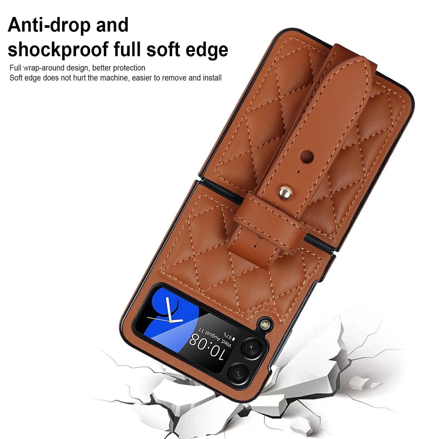 Leather Wristband Phone Case for Samsung Galaxy Z Flip 6 5 4 5G Flip5 Zflip4 Wrist Strap Thin Skin Feeling Shockproof Stand Cover