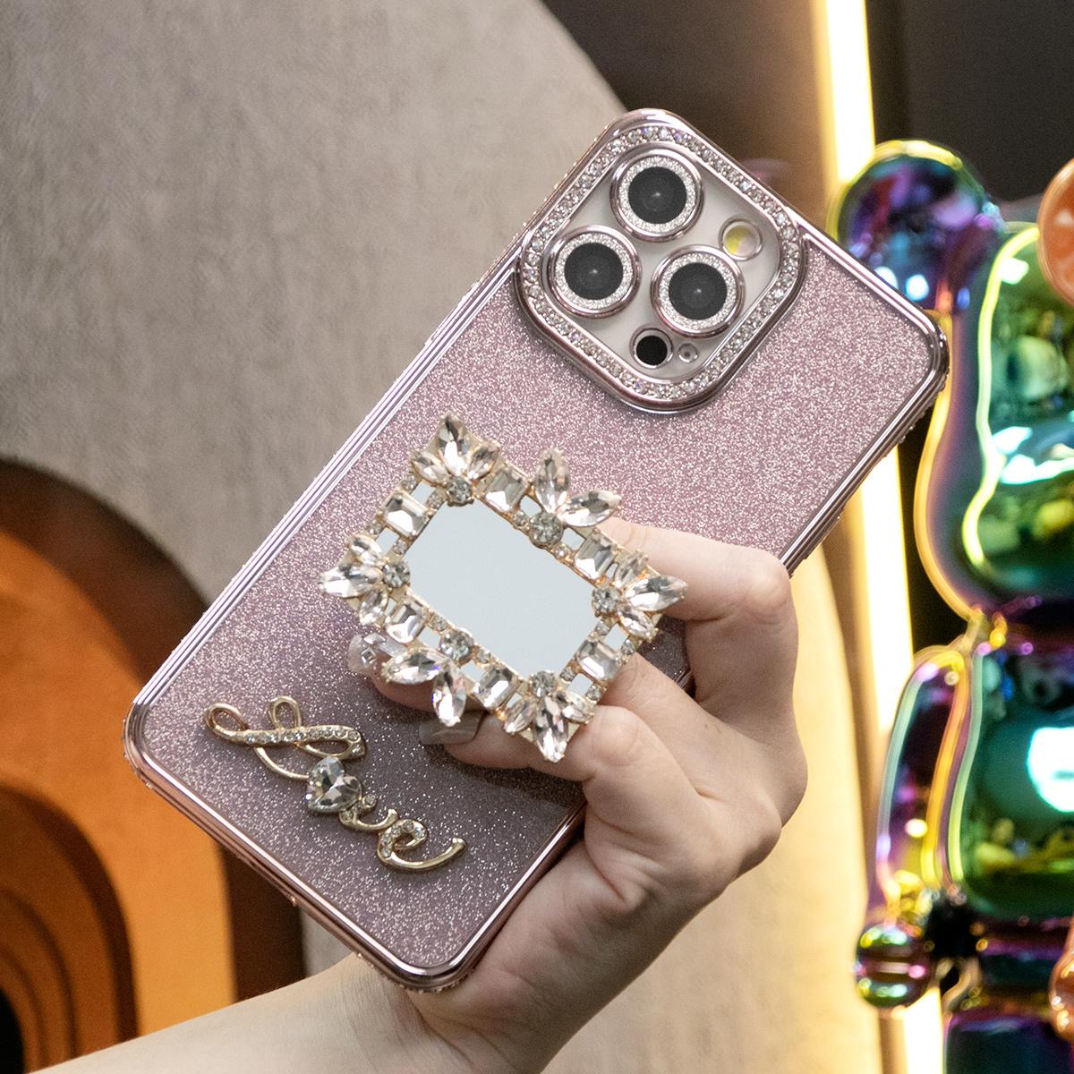 Plating Glitter Diamond Rhinestone Mirror Kickstand Love Phone Case For iPhone 16 15 14 13 12 11 Pro Max
