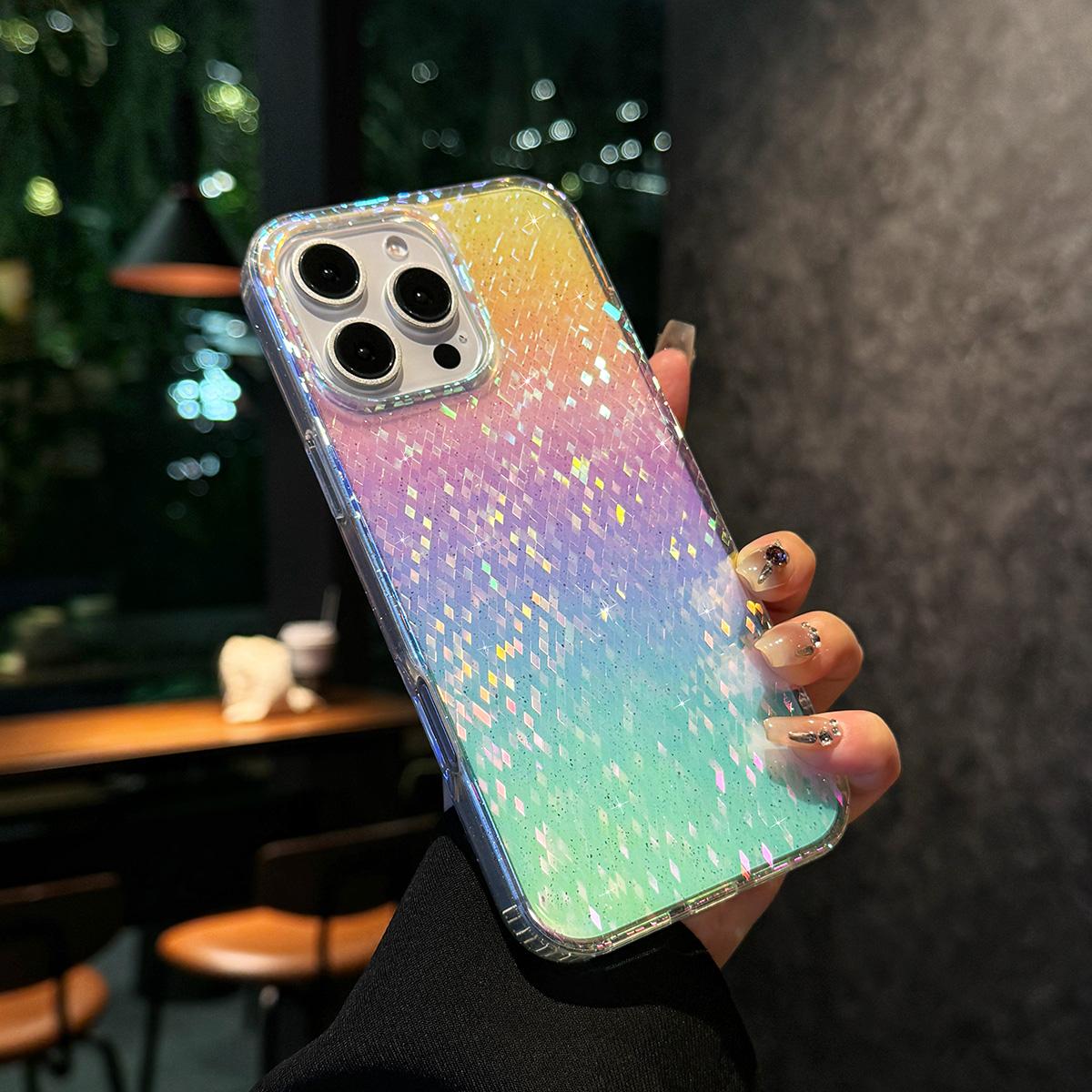 Stylish Glitter Laser Aurora Grid Pattern Phone Case For Samsung S25 S24 S23 S22 Ultra Plus FE Colorful Shining Clear Back Cover