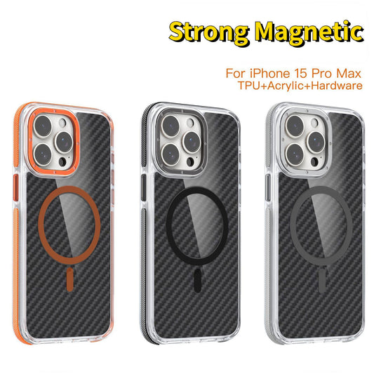 For iPhone 16 15 14 13 12 Phone Case, Magnetic Carbon Fiber Pattern Phone Case, Metal Hardware Camera Protective Acrylic Cover, Clear No Yellow, With Shockproof  Anti-Fall Bumper Magnetic