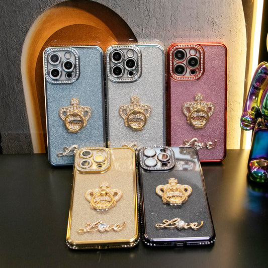 Plating Glitter Diamond Crown Ring Kickstand Phone Case For iPhone 16 15 14 13 12 11 Pro Max