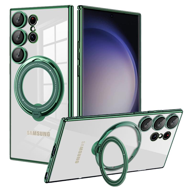 Clear Magnetic Kickstand Transparent Ring Case For Samsung S24 S23 S22 Ultra A54 A34 A14 with Lens Cover