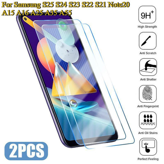 2PCS Tempered Glass For Samsung S25 S24 S23 S22 S21 Note20 Ultra A14 A15 A24 A25 A34 A35 A52 A53 A54 A55 Screen Protector
