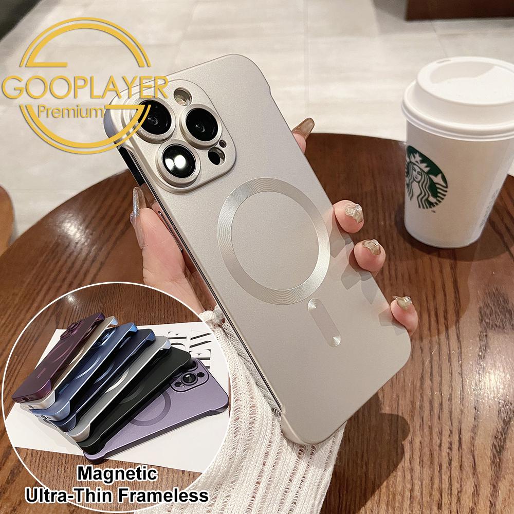 For iPhone 16 15 14 13 Pro Max Phone Case, Ultrathin Magnetic Support Wireless Charging Metallic Glossy Titanium Frameless PC for Magsafe Hard Matte Full Cover