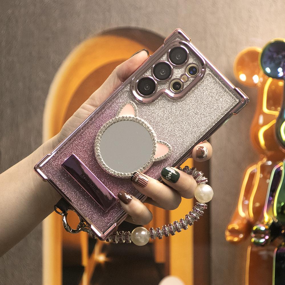Gradient Plating Four Corners Cat Mirror Thin Kickstand Case with Pearl Diamond Wristband for Samsung S25Ultra S25 S24 S23 S22 S21 Note20 A53 A54 A55 Hard Acrylic Bumper Full Cover