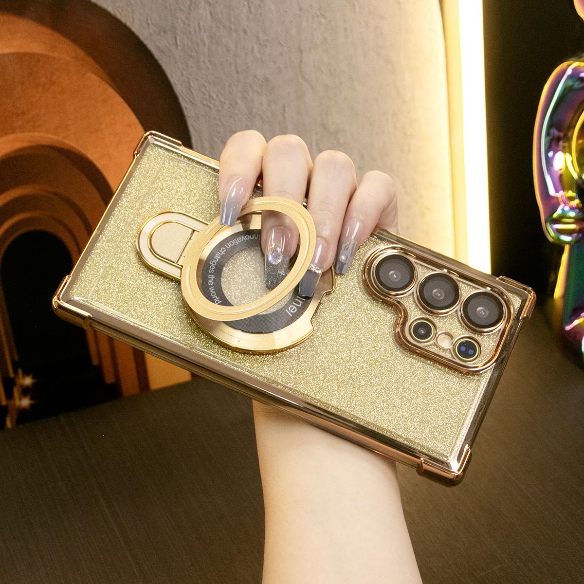 Luxury Glitter Plating Four Corners Shockproof Clear Case With Magnetic Stand For Samsung Galaxy S24FE S24Ultra S24 S23FE S22 Plus Transparent Hard Acrylic Hybrid Bumper Armor Cover