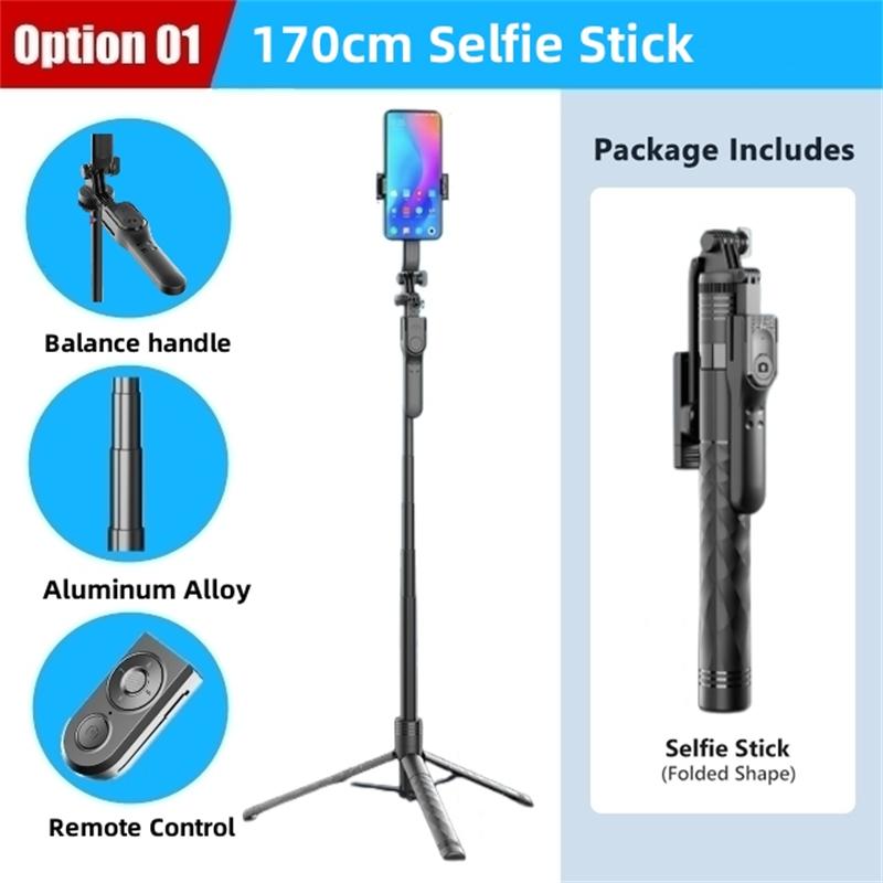 Perche à selfie sans fil 1750 mm, trépied pliable, monopode avec lumière LED pour smartphones, prise de vue stable et équilibrée en direct