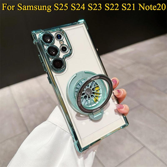 Plating Four Corners Shockproof Clear Kickstand Case For Samsung S25 S24 S23 S22 S21 Note20 Transparent Hard Acrylic Hybrid Bumper Armor Cover