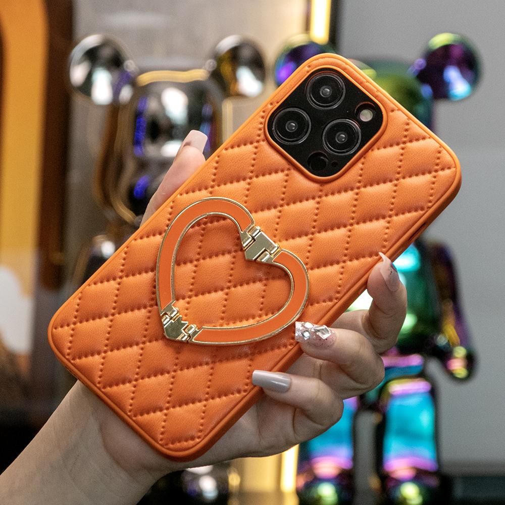 Love Heart Bracket Lattice Leather Phone Case for iPhone 16 15 14 13 12 Pro Max XR X/XS XSMax