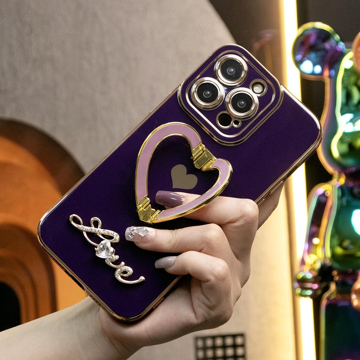 For iPhone 16 15 14 13 12 11 Pro Max, Luxury Love Heart Kickstand Holder Plating Soft Camera Protector Phone Case
