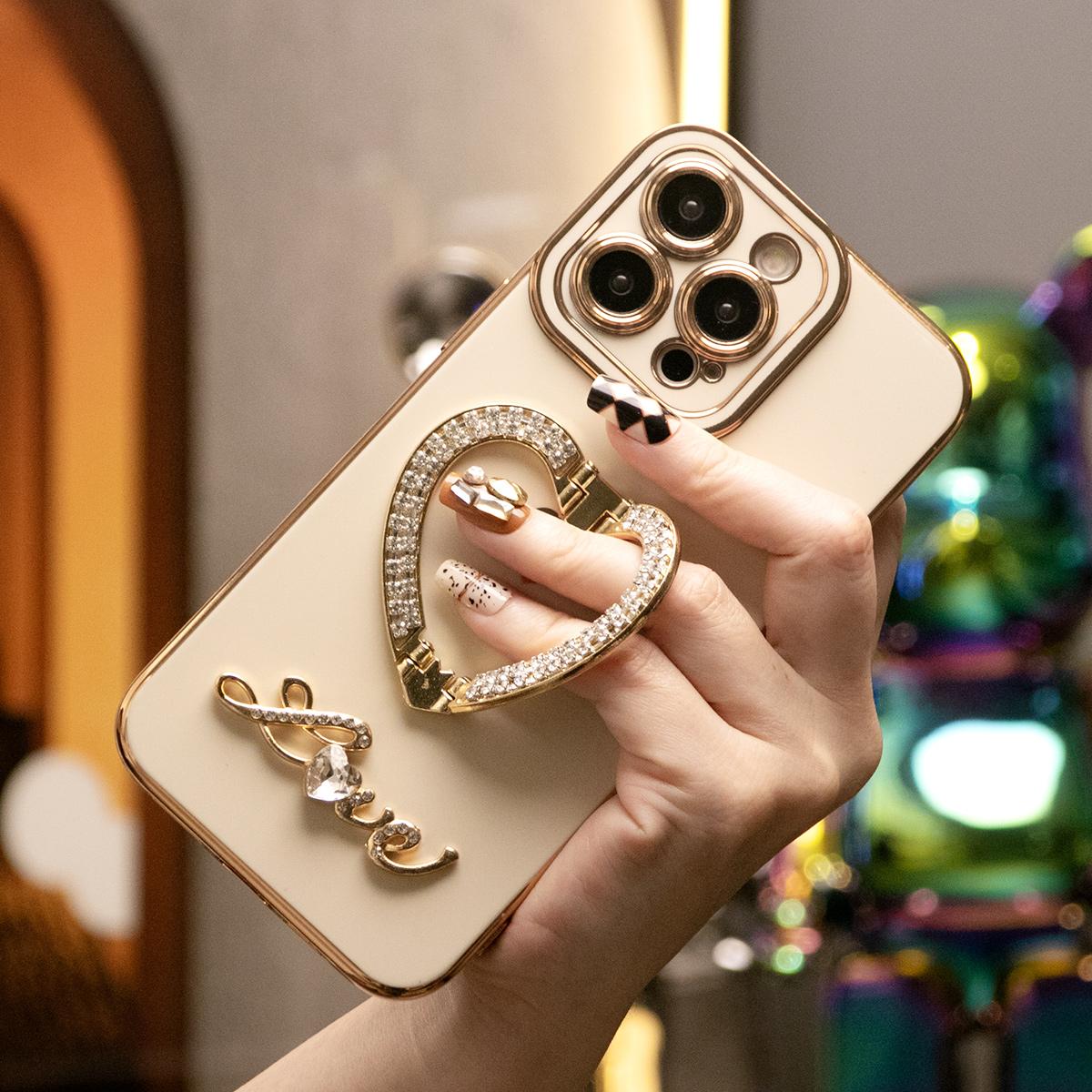 For iPhone 16ProMax 16 15 14 13 12 11 Pro Max, Luxury Rhinestone Love Heart Kickstand Holder Plating Soft Camera Protector Phone Case