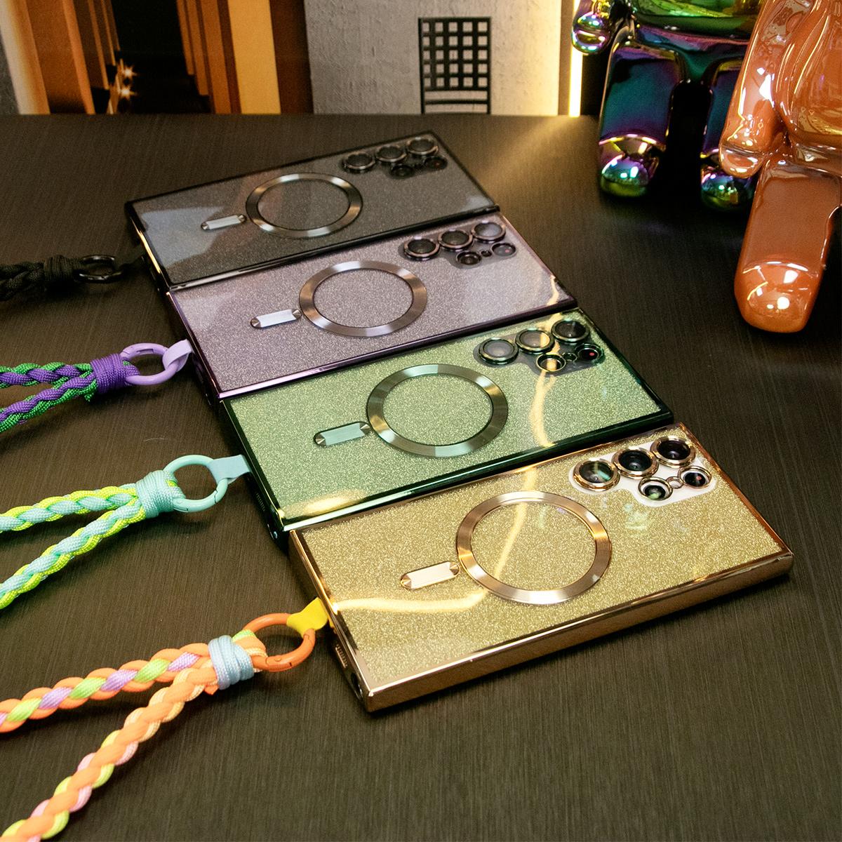 Luxury Glitter Magnetic Wireless Charge Transparent Soft Phone Case With Woven Wristband For Samsung S24 S23 S22 S21 Note20 Plus FE Ultra  With HD Camera Protection Slim Thin Cover Non-Yellowing