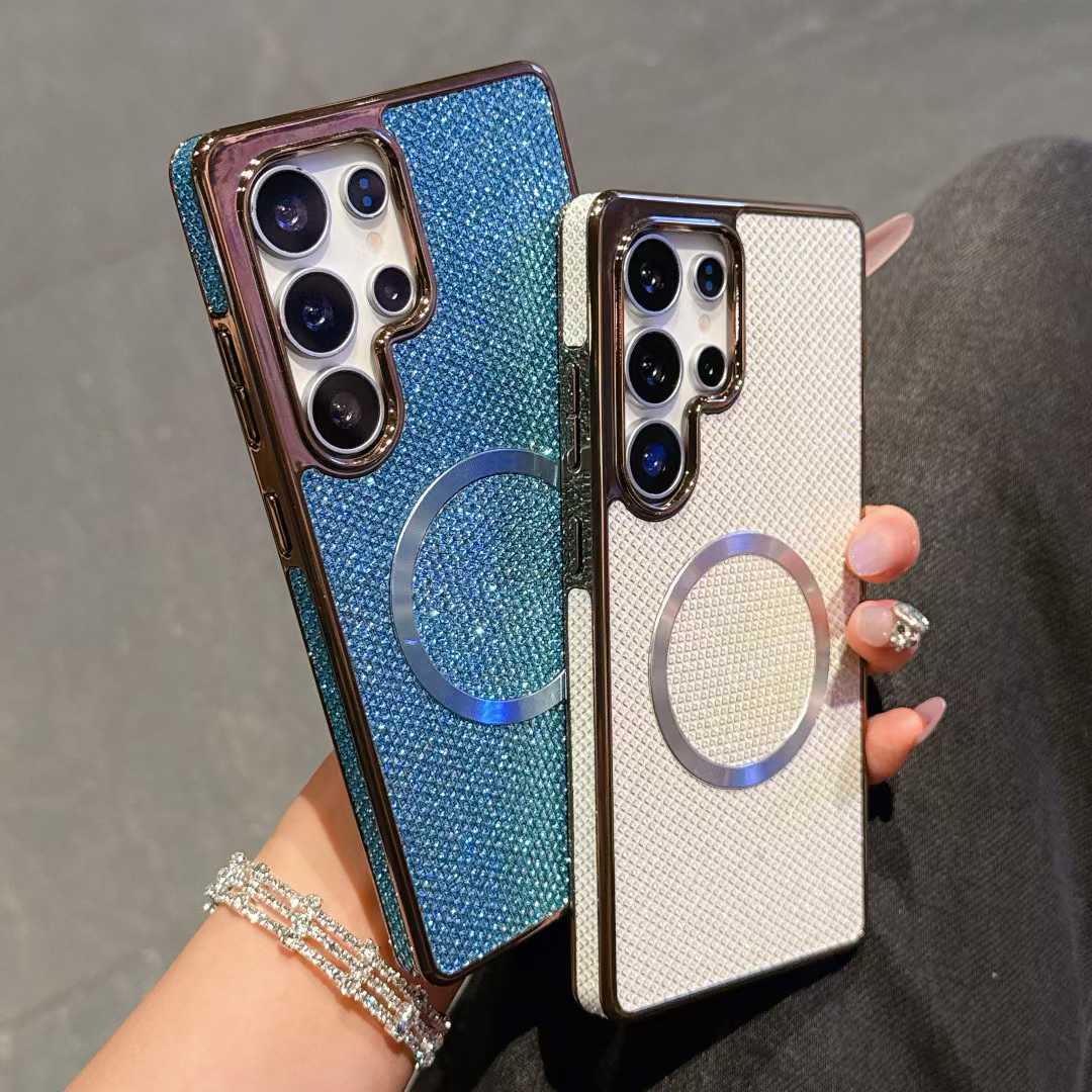 For Samsung S25Ultra S25 S24 S23 S22 Phone Case, Luxury Slim Glitter Magnetic Pattern Plating Matte Leather Len Protection Shockproof Hard Full Cover