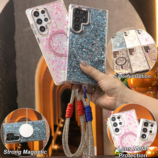 Glitter Glitter Transparent Strong Magnetic Phone Case With Weave Diamond Wristband For Samsung S25Ultra S24 S23 A14 A15 A16 A24 A25 A34 A35 A54 A55 Metal Frame Shockproof Acrylic Hard Cover