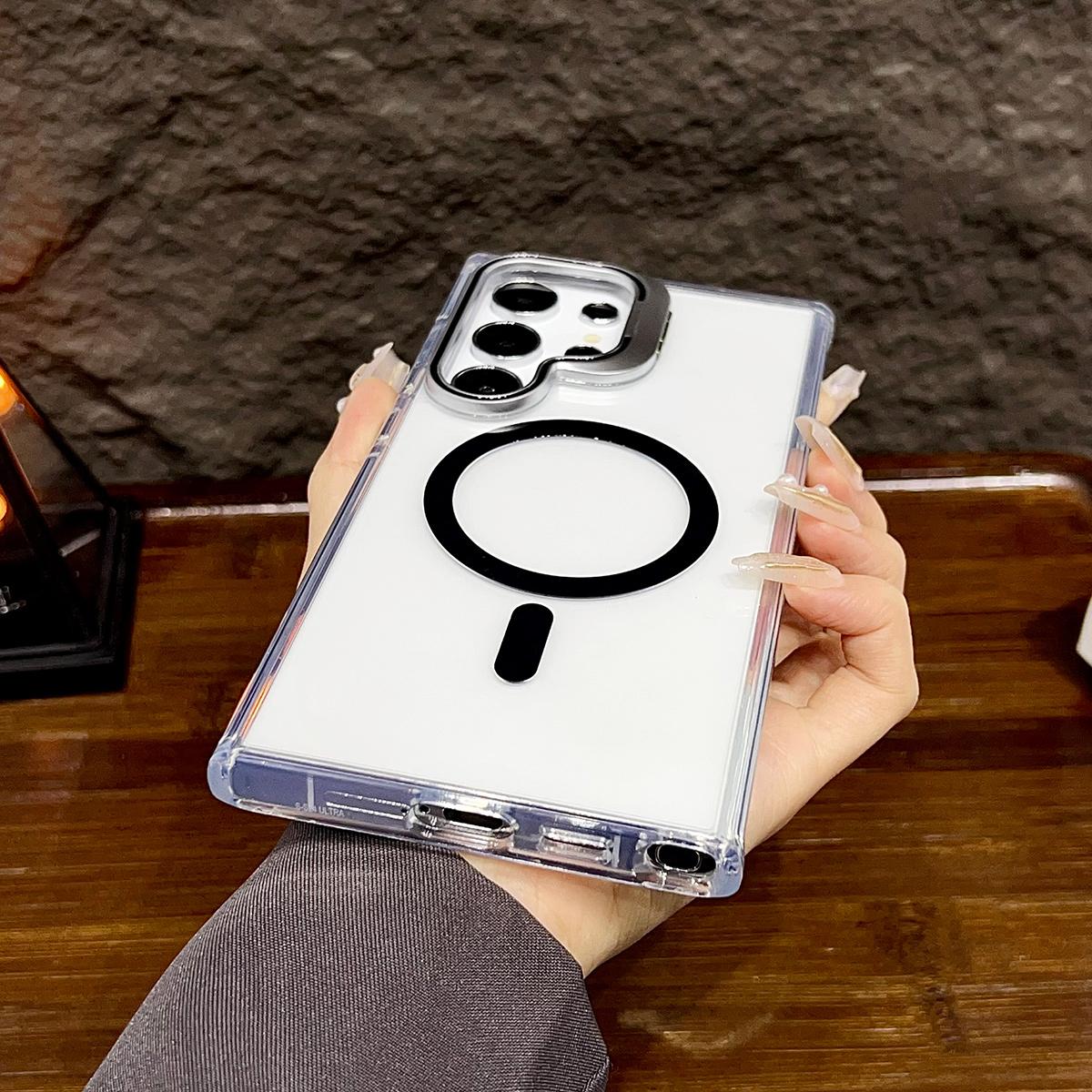Dual Color Lens Stand Magnetic For Magsafe Wireless Charging Case For Samsung S24 Plus Ultra Clear TPU Acrylic Hard Cover
