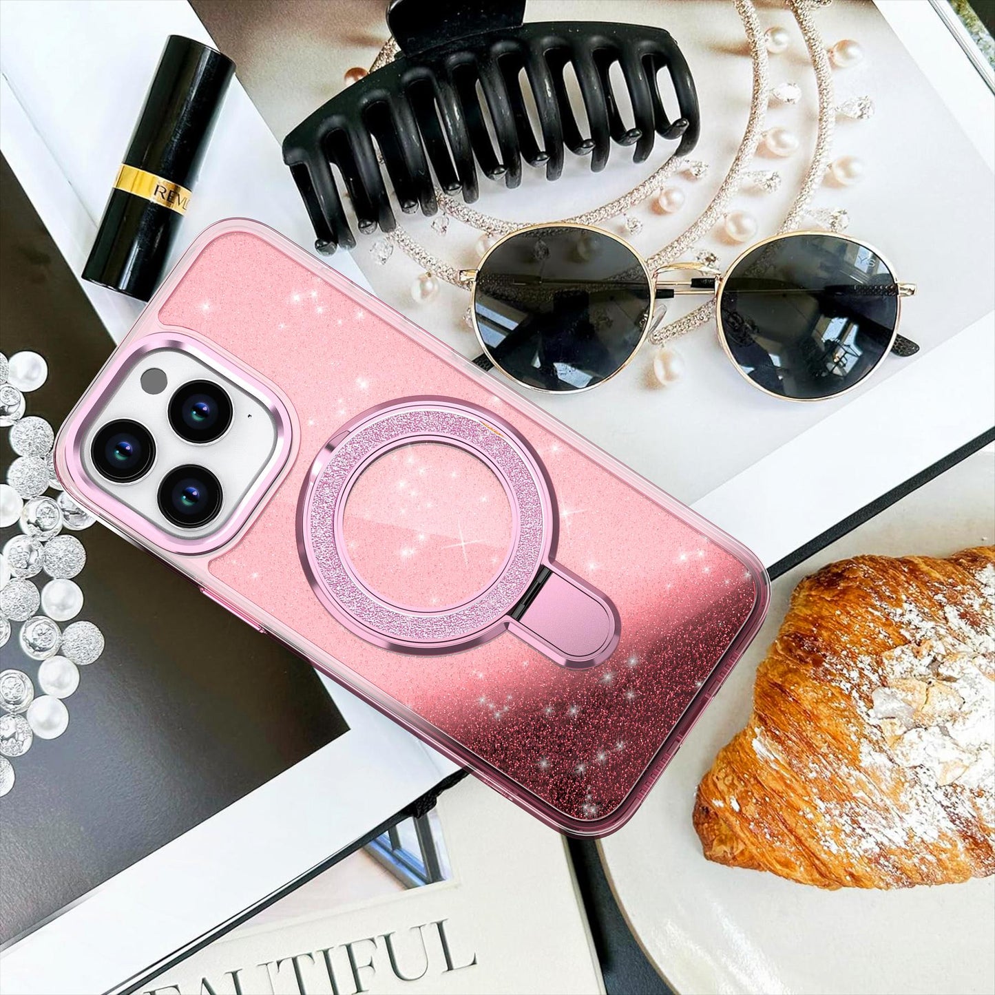 Glitzernde Hülle mit magnetischem Ständer für iPhone 16 15 14 13 12 11 Pro Max Plus Magsafe Plating Wireless Charging Bling Cover Back Shell Girls