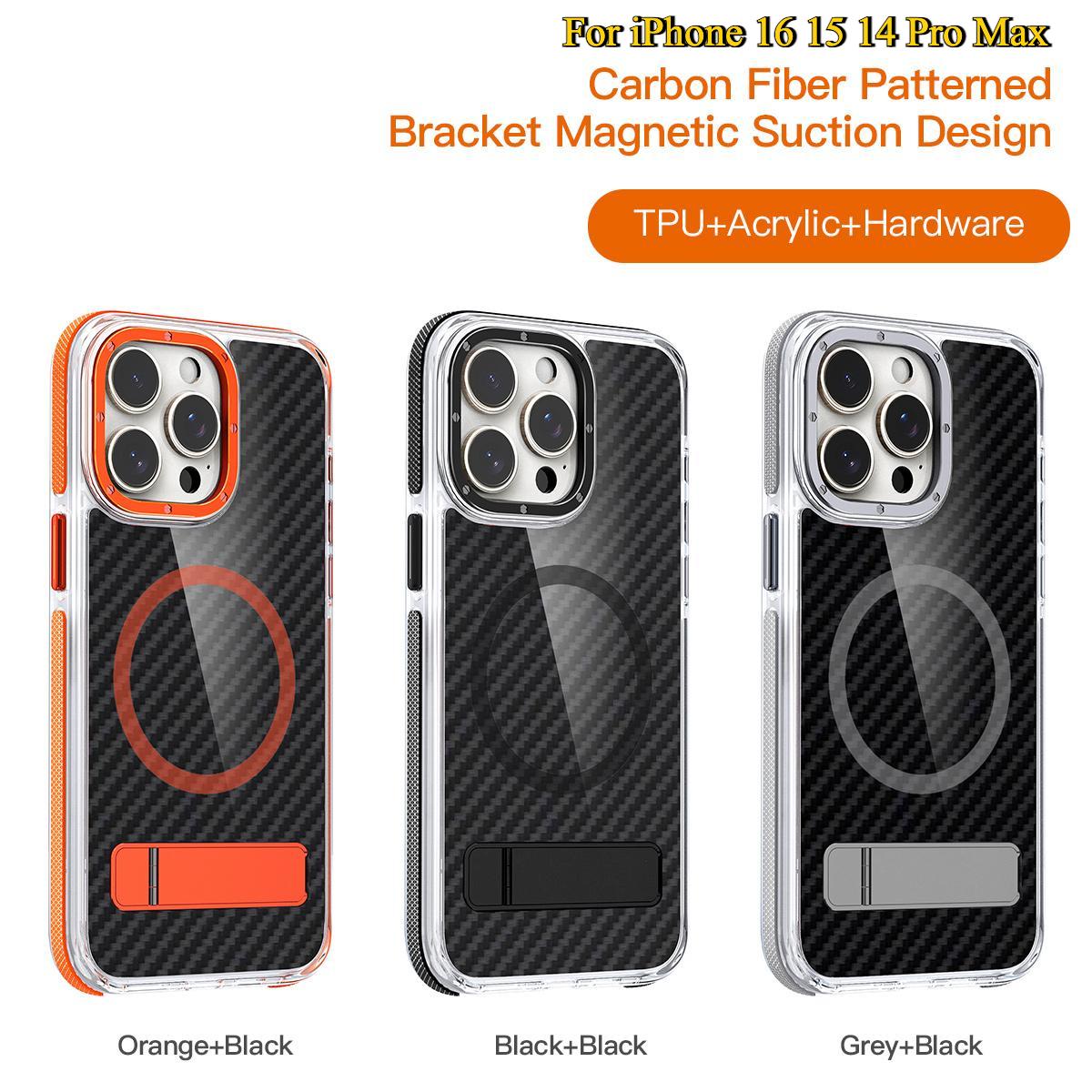 For iPhone 16 15 14 Pro Max Phone Case, Premium Strong Magnetic Carbon Fiber Metal Bracket Acrylic Clear Shockproof Anti-Fall Bumper for Magsafe Non-Yellowing Hard Full