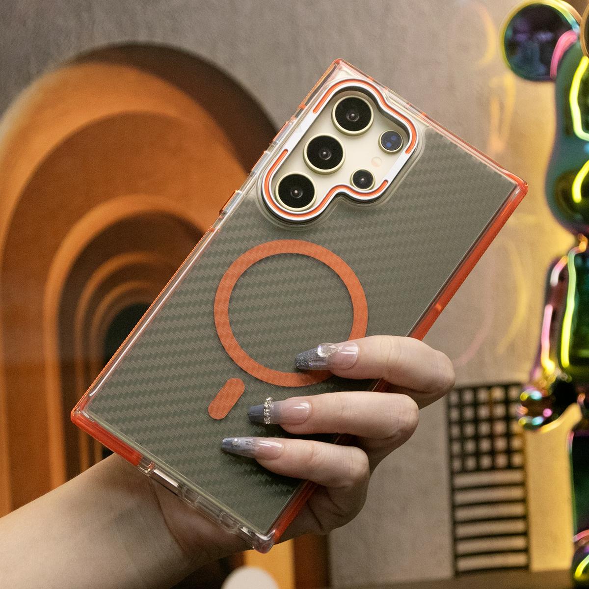 Strong Magnetic Carbon Fiber Pattern Phone Case, Metal Hardware Camera Lens Kickstand Acrylic Cover, With Shockproof Anti-Fall Bumper For Samsung S25 S24 S23 S21FE A14 A15 A24 A25 A35 A54 A55