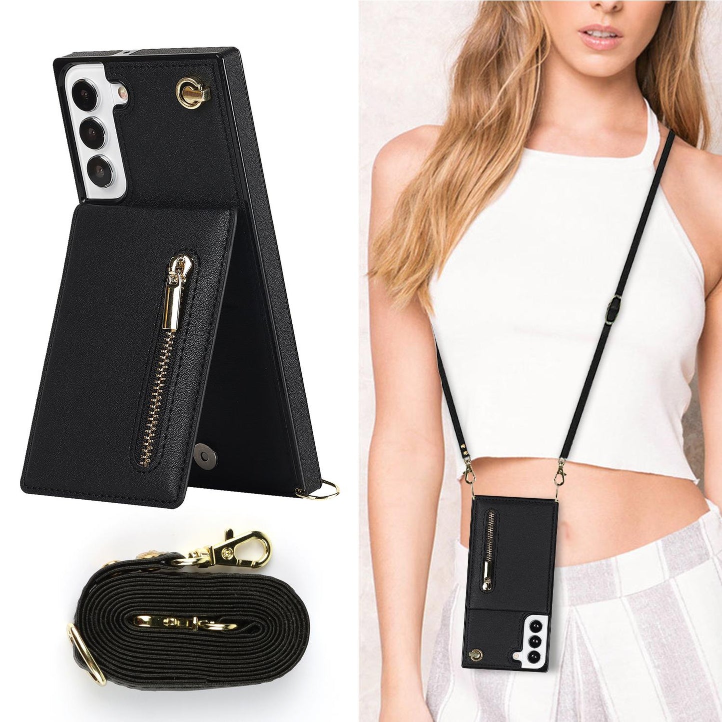 Crossbody Wallet Case Case For Samsung Galaxy S24 S23 S22 Plus Note 20 Ultra With Card Slot Holder, Magnetic Flip Folio Purse Case, PU Leather Zipper Handbag With Detachable Lanyard Strap