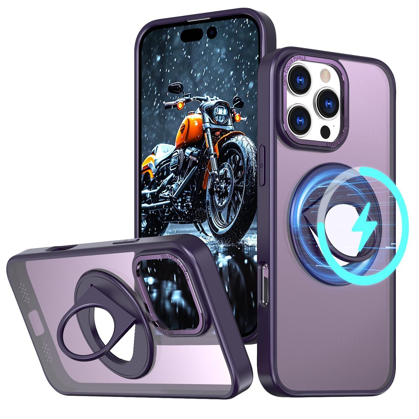 For iPhone 16 15 14 13 12 11 Phone Case with 360 Degree Rotate Ring Kickstand, Matte Crystal Magnetic Metal Camera Frame Shockproof Hard Full Cover