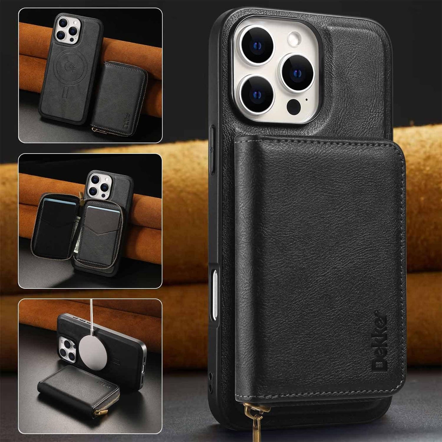 For iPhone 16ProMax 16 15 14 13 12 Leather Phone Case with Strong Magnetic Wallet, Anti-Fall Card Bag Kickstand for Magsafe Shockproof Business Hard Full Cover