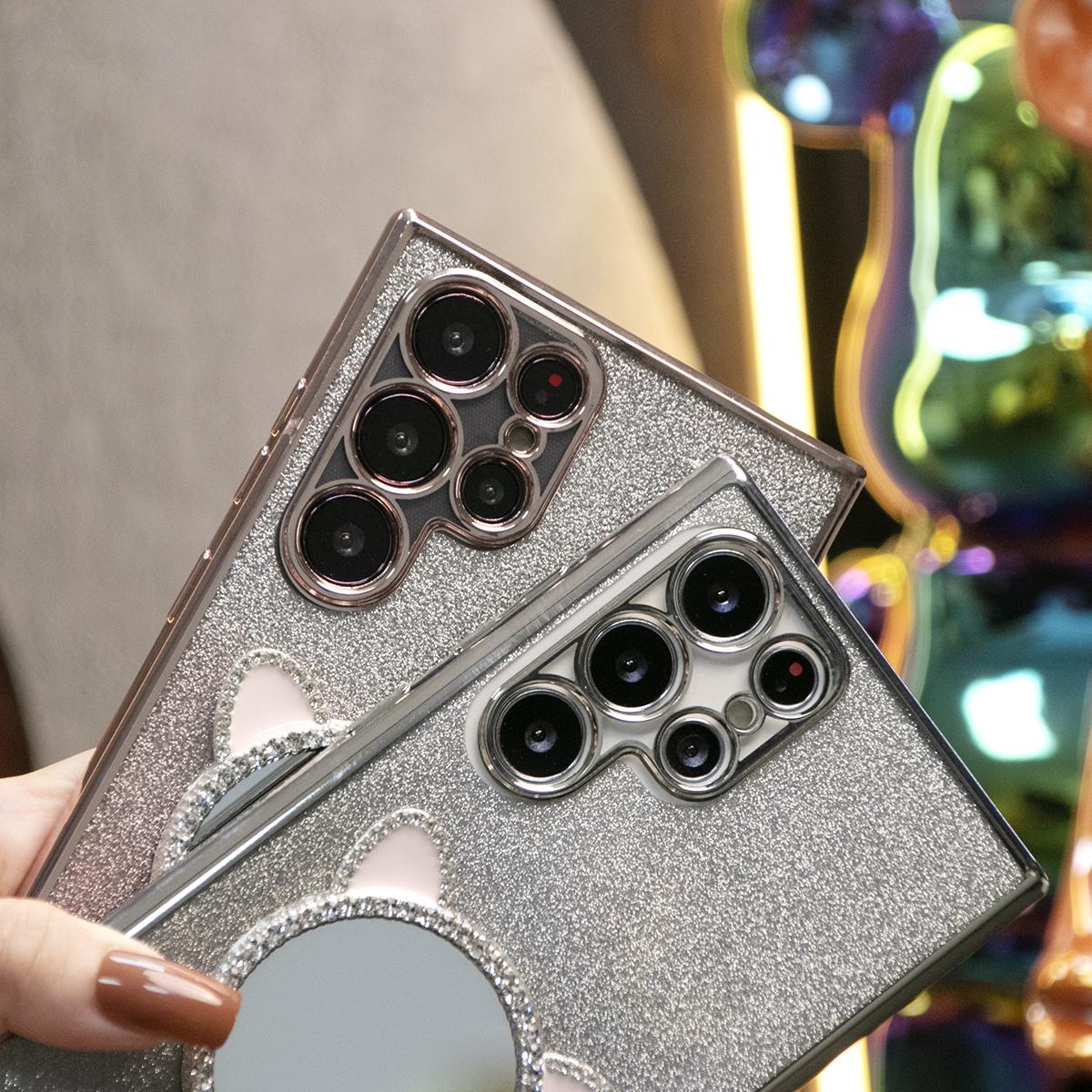 Diamond Cat Mirror Glitter Clear Phone Case For Samsung S25 S24 S23 S22 S21 Note20