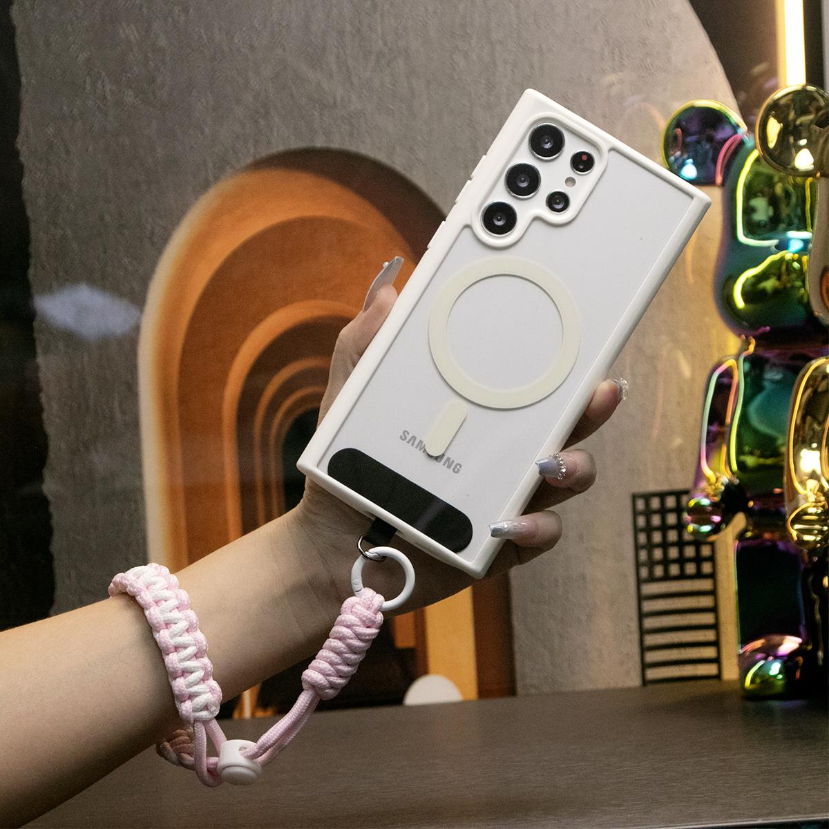 Transparent Magnetic Shockproof Hard Phone Case With Hand Woven Wristband For Samsung Galaxy S24Ultra S24FE S24 S23FE S23 S22 Plus Ultra Silicone Candy Color Edges Clear Acrylic Cover