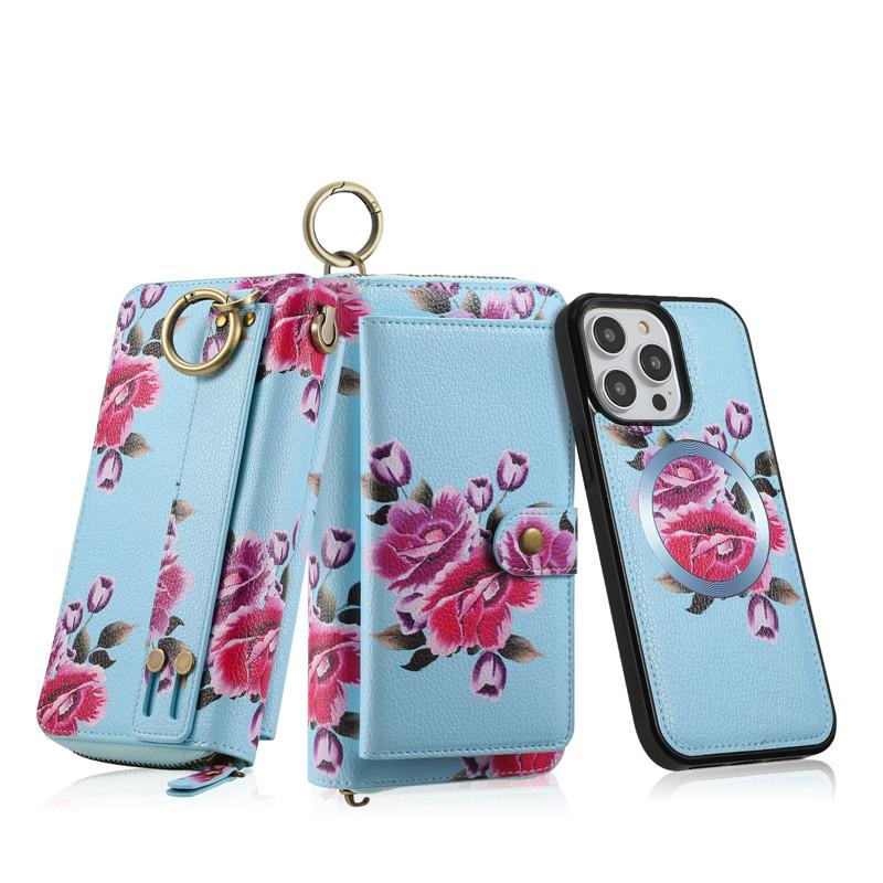 Flower Phone Case For iPhone 16 15 14 Plus 13 12 Pro MAX Multifunction Zipper Leather Magnetic Wallet Split Cover