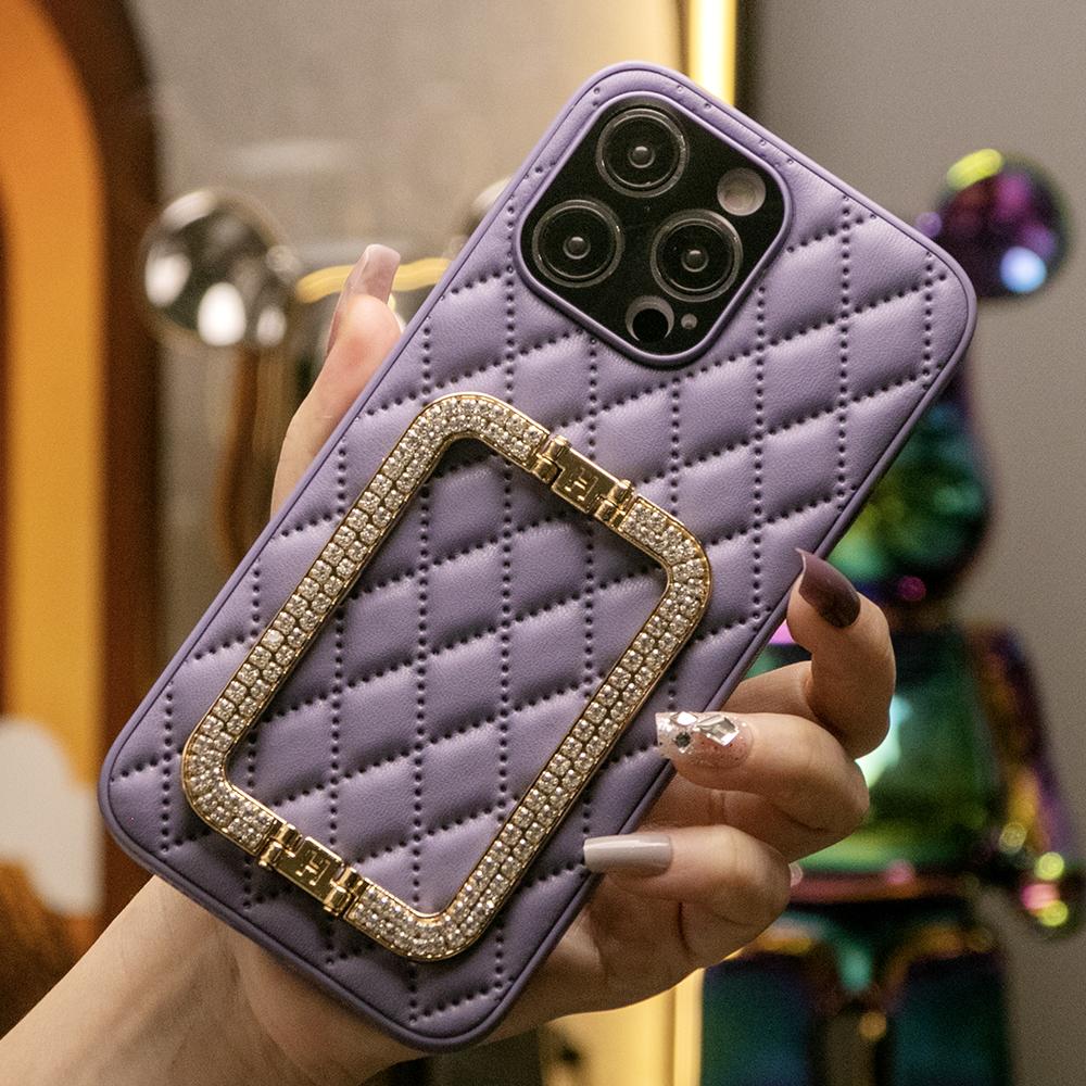 3D Crystal Square Holder Lattice Leather Phone Case for iPhone 16 15 14 13 12 Pro Max