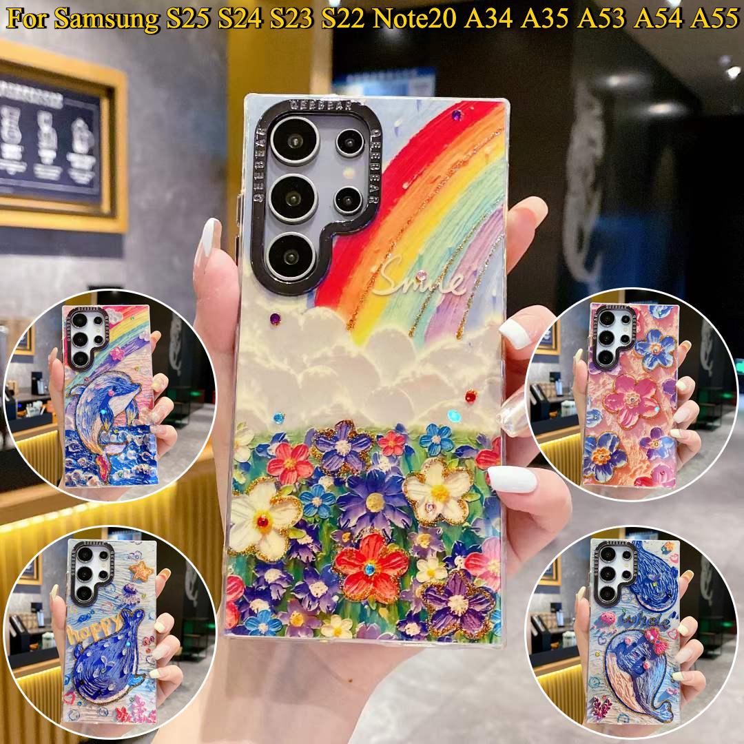 For Samsung S25 S24 S23 S22 A34 A35 A53 A54 A55 Note20Ultra Phone Case, Luxury Elegant Colorful Rainbow Whale Dolphin Flower Oil Painting Metal Camera Frame Anti-drop Hard Shockproof Full Cover